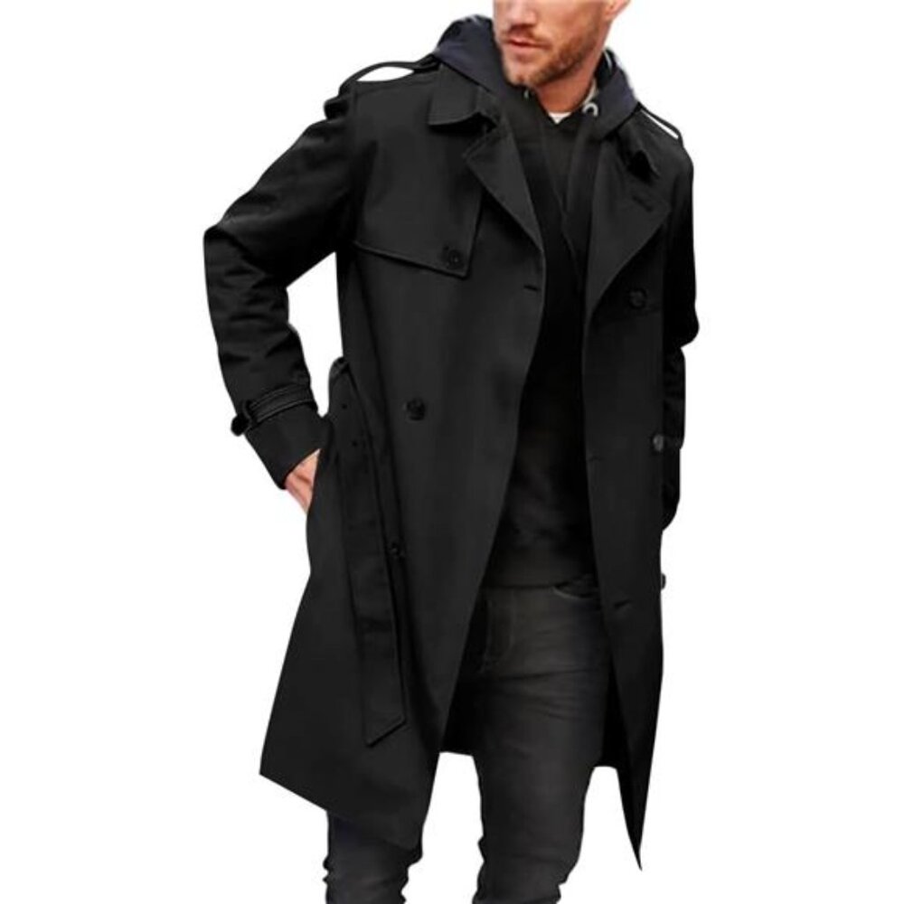 Mens Trench Coat Slim Fit Double Breasted Long Jacket Notched Lapel